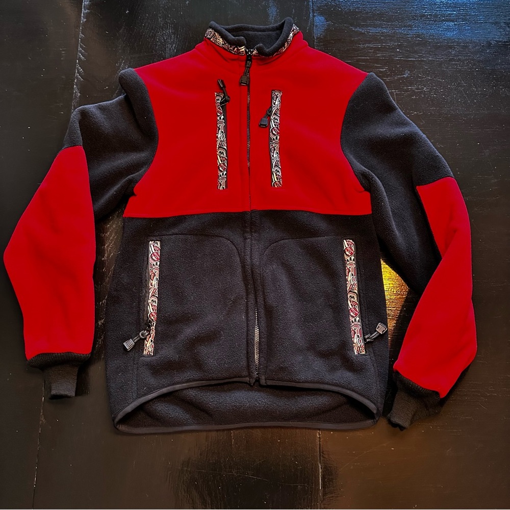 Black and Red Soft Warm XS Zip Up Jacket Fall Tribal Print Trendy Colorblock